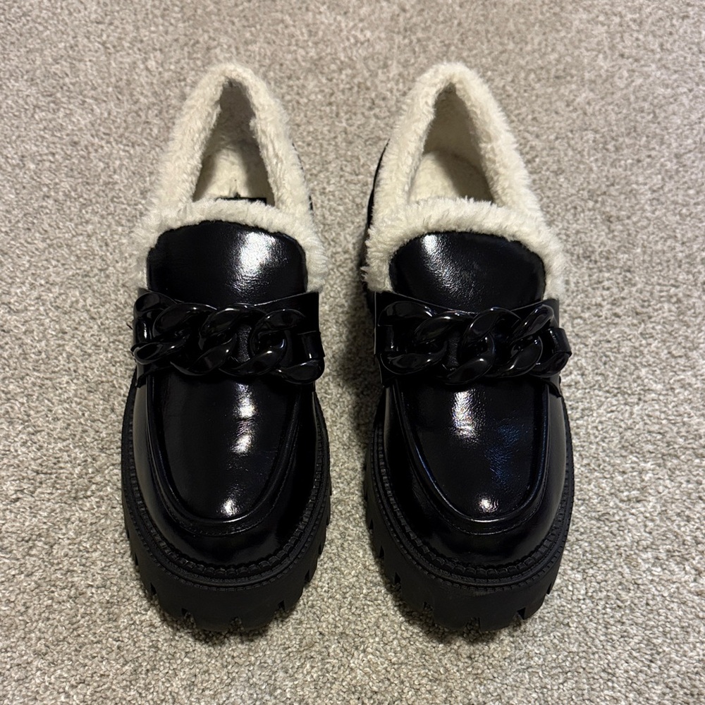 Dolce Vita Black Patent Loafers with Cream Faux Shearling Trim